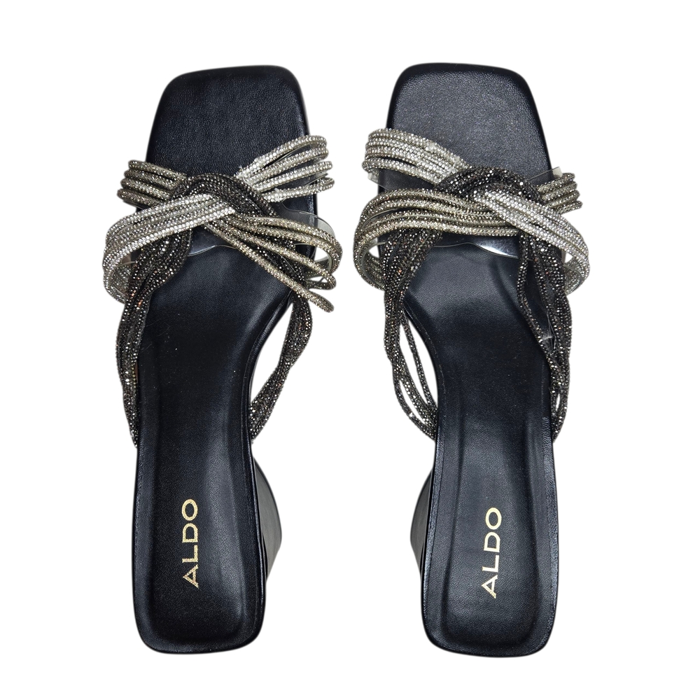 ALDO Women's Black and Silver Shimmery Heeled Sandals Size 9 Slip-On Glam Heels